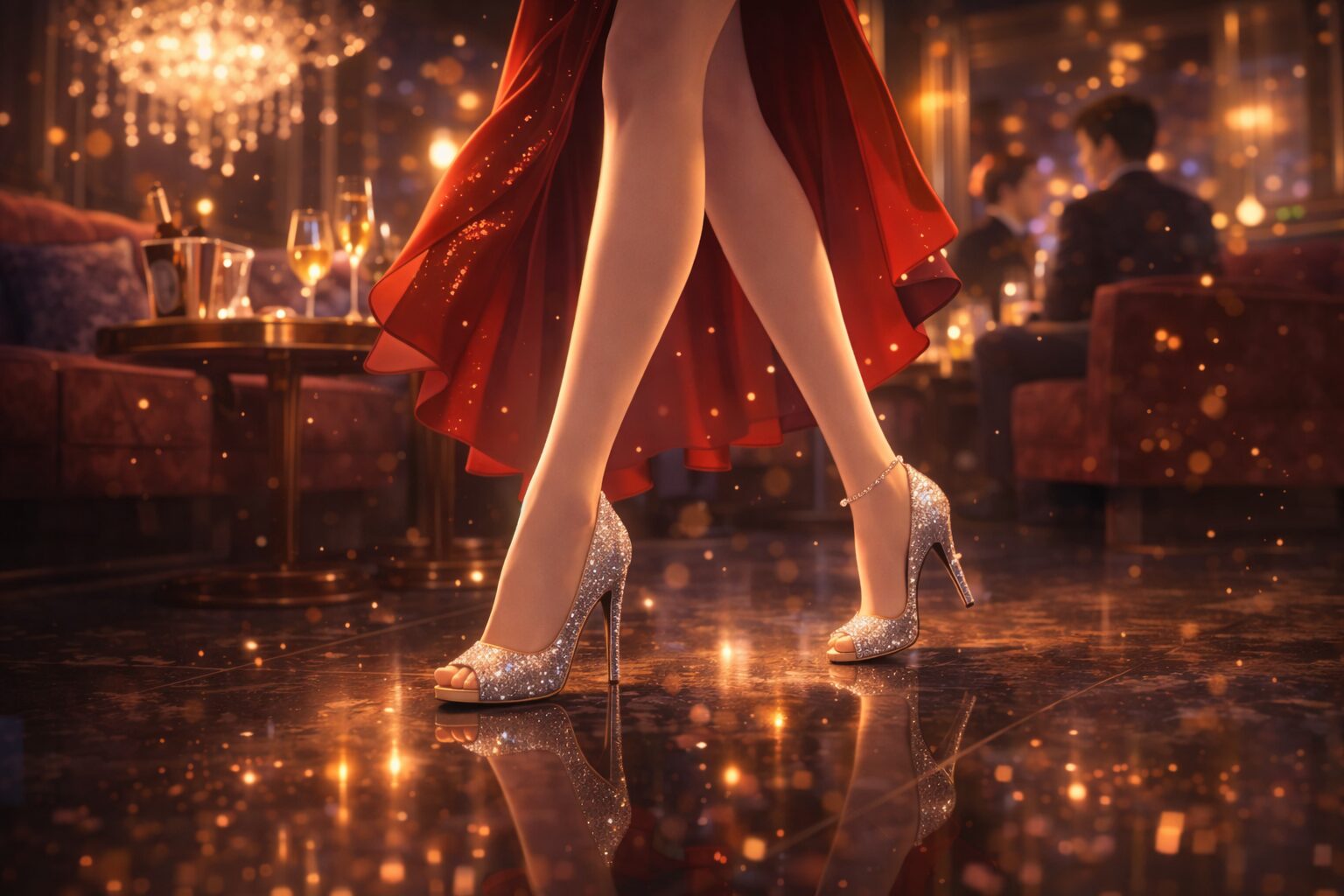 キャバクラで高いヒールを履いて立つキャバ嬢の脚