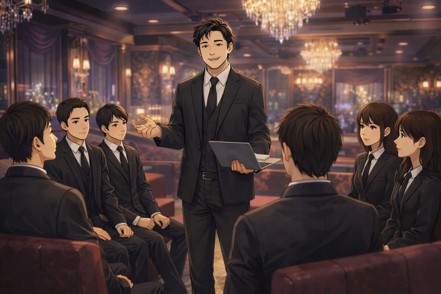 キャバクラ店内で黒服の店長がスタッフに売上や店舗運営について説明するミーティングの様子