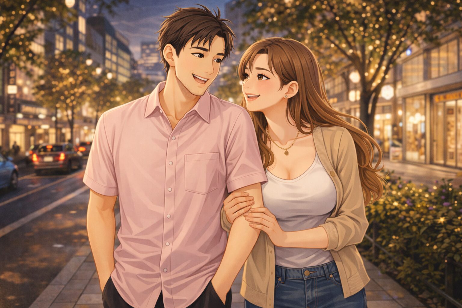 脱毛して清潔感が増した男性が、表参道の夜の街で美女と腕を組み楽しそうに歩いているモテている雰囲気のシーン