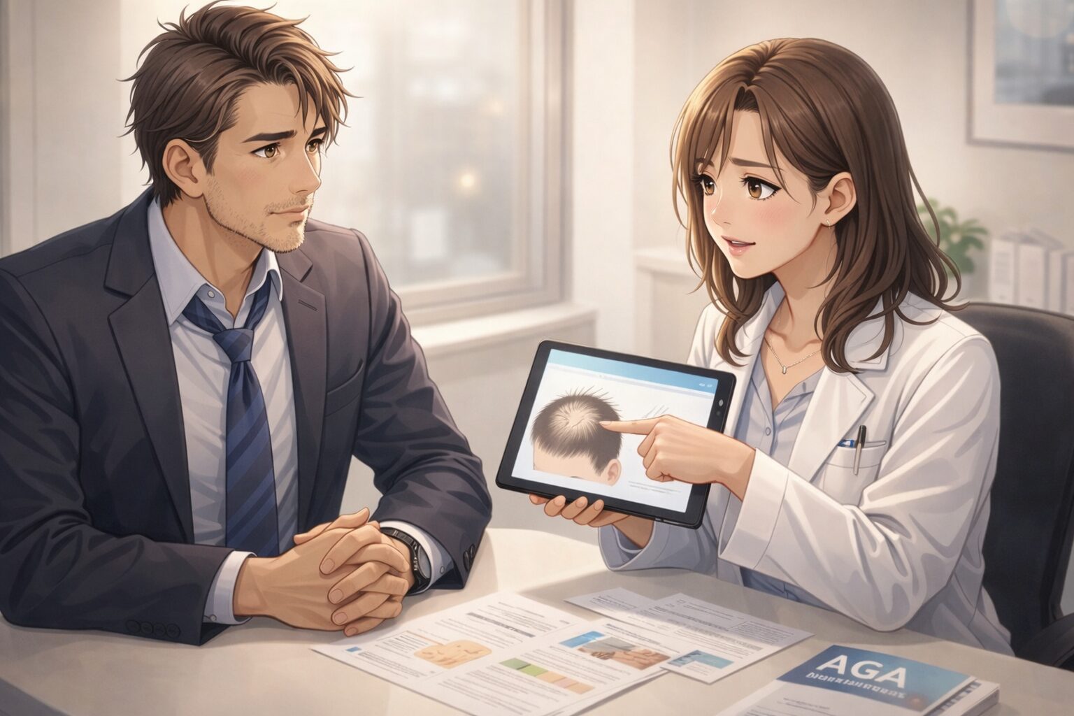 AGAクリニックで医師がタブレットを使いながら説明し、40代男性が治療内容を相談している様子。