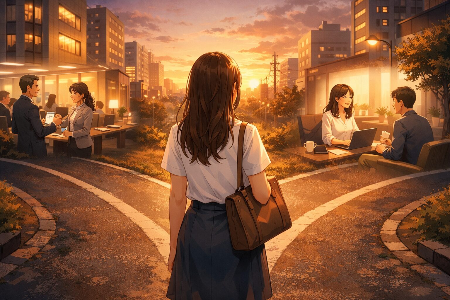 3つの仕事の選択肢を前に自分に向いている仕事を考える女性