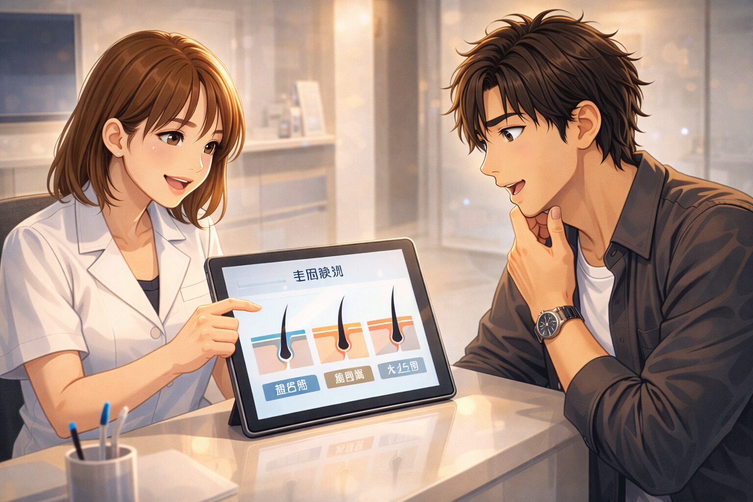 毛周期と脱毛回数の仕組みを教わる男性