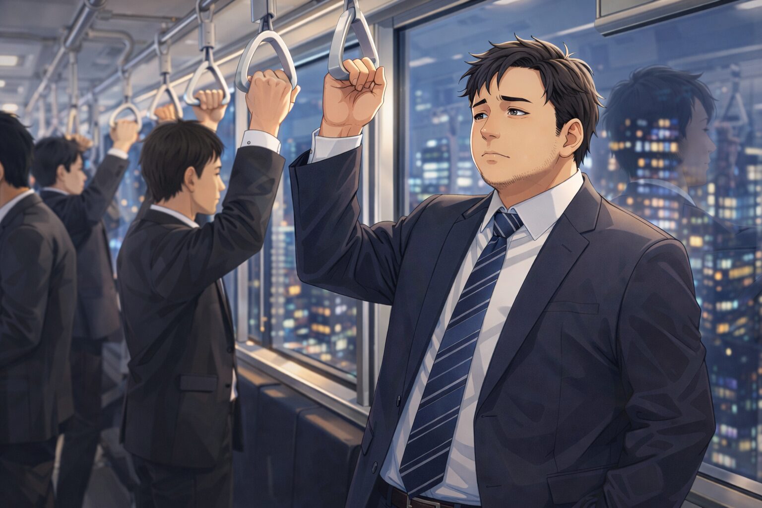 40代男性が満員電車で吊り革につかまりながら転職やキャリアを考えている通勤シーン