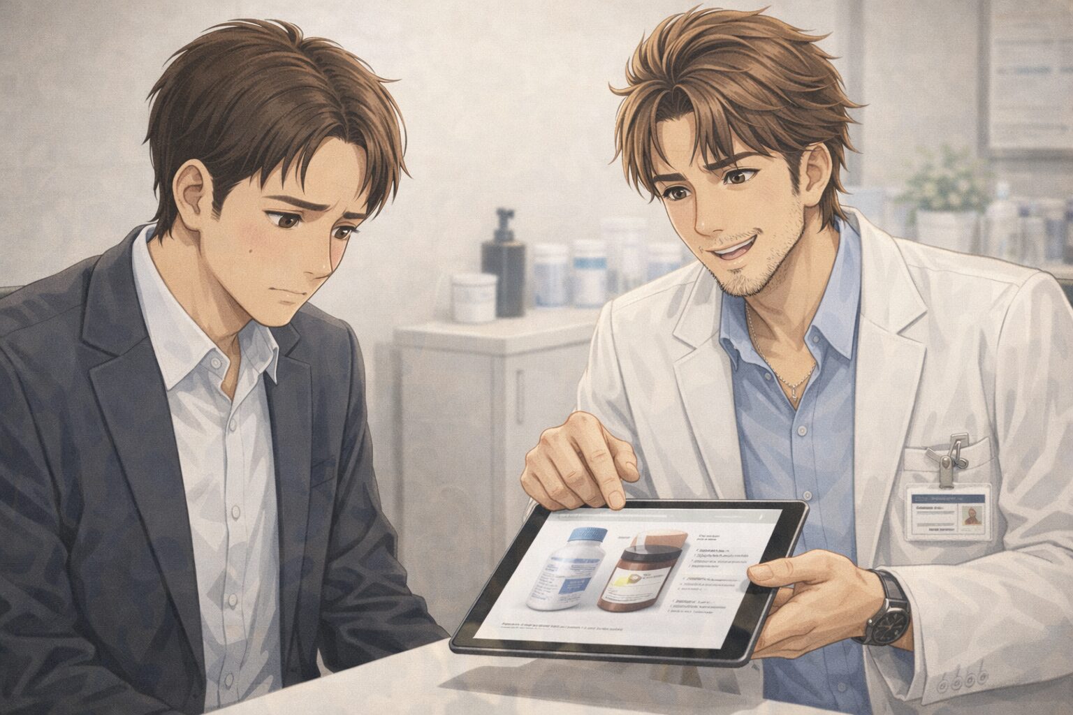 AGAクリニックで医師から治療方法の説明を受ける30代男性