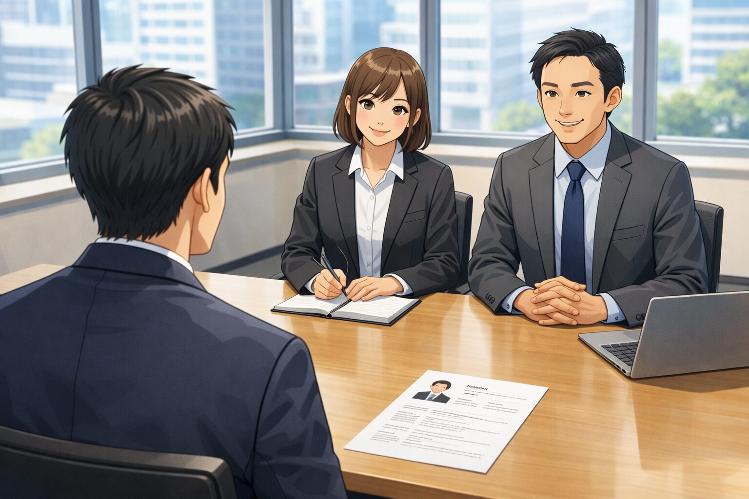 40代男性が企業の面接で面接官2人と向かい合い転職面接を受けているシーン