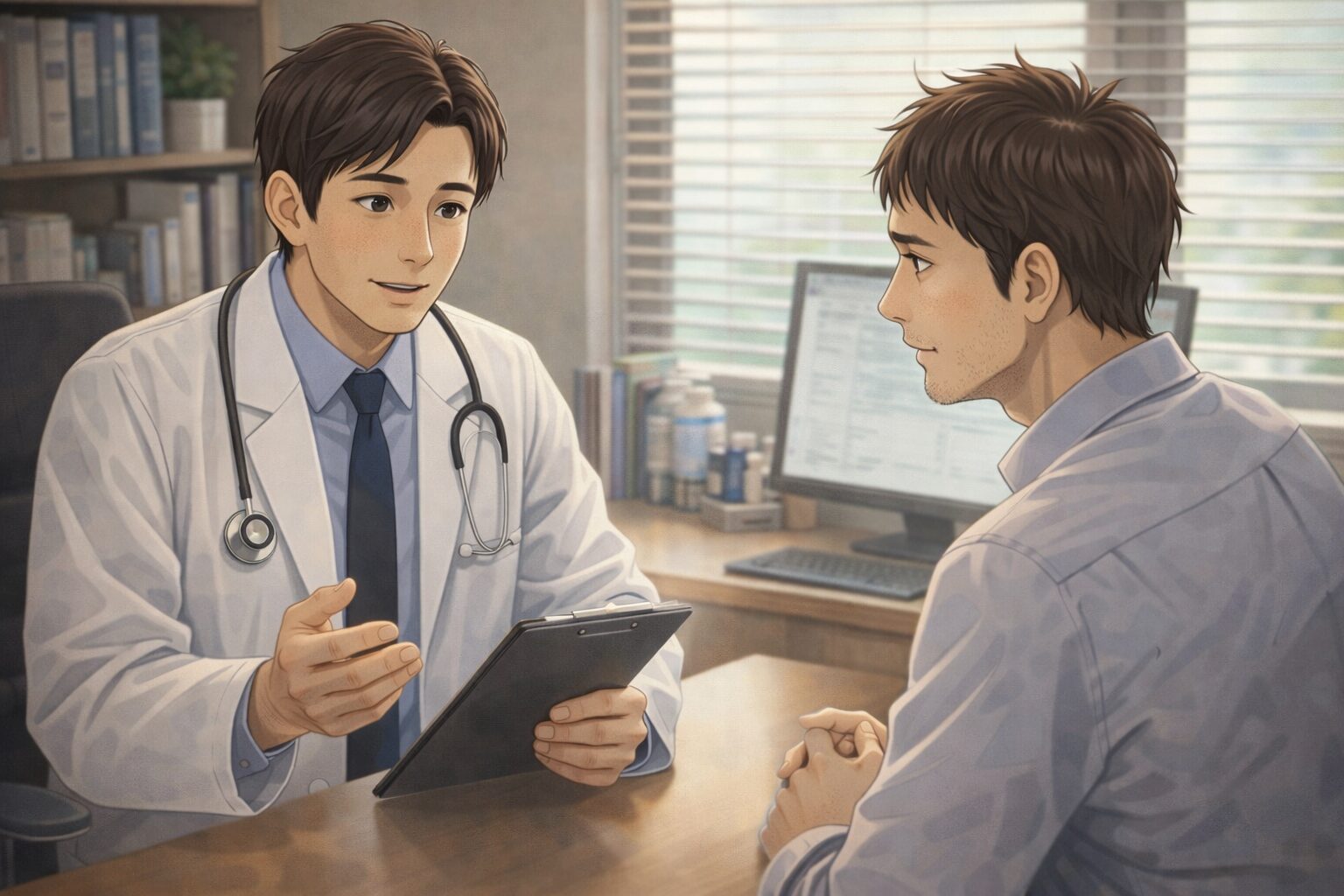 AGAクリニックの診察室で、医師がタブレットを見せながら説明し、30代男性が真剣に相談している様子。