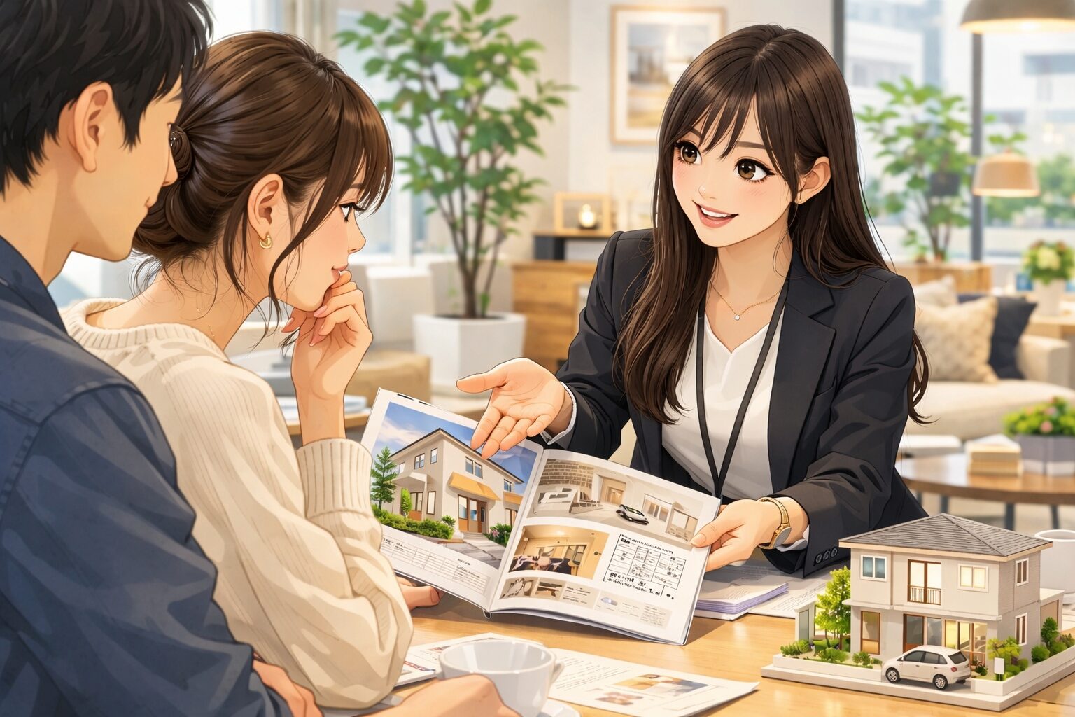 住宅モデルルームで営業担当が夫婦に説明している様子