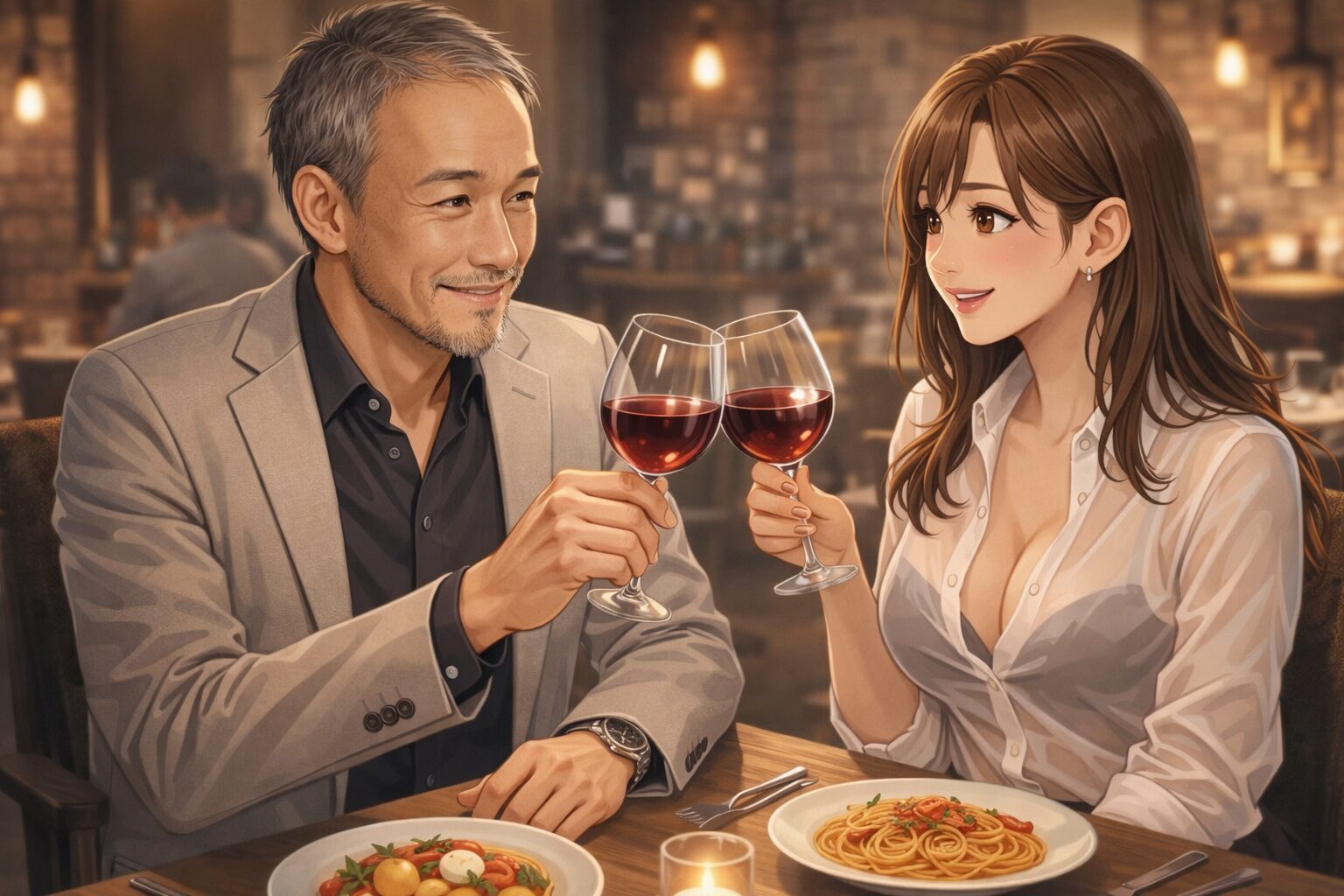 薄毛でも魅力的な男性が女性と楽しそうに会話している様子。女性に好印象を与える男性の雰囲気。