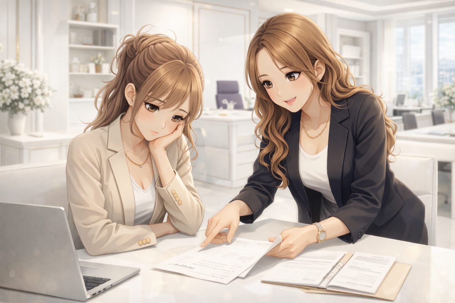 昼職で先輩社員から仕事を教わる元キャバ嬢