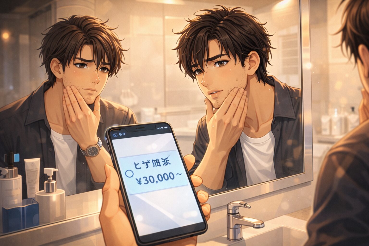 メンズ脱毛の料金をスマホで調べる男性