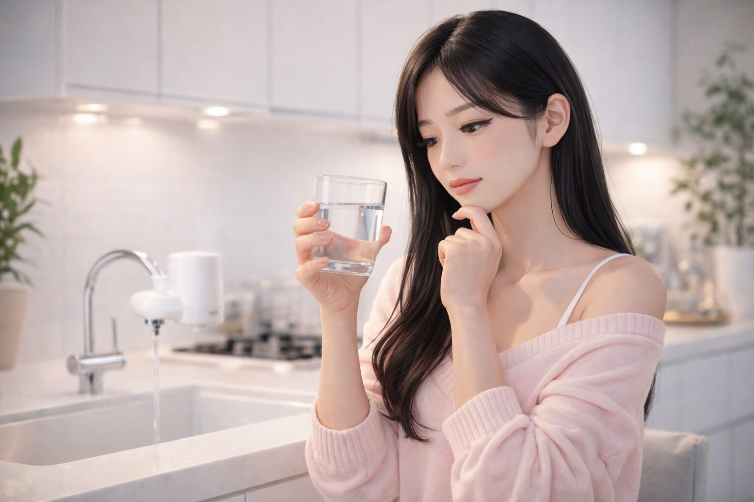 浄水器の水を見ながら安全性や必要性を考えている女性のキッチンシーン