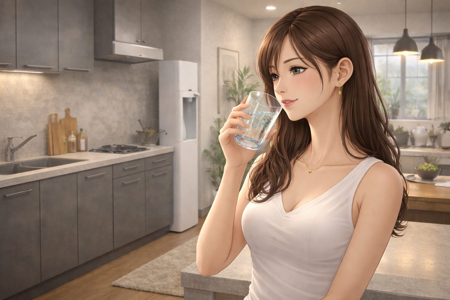 ウォーターサーバーのある暮らしで快適に水を飲む女性のリビング生活シーン