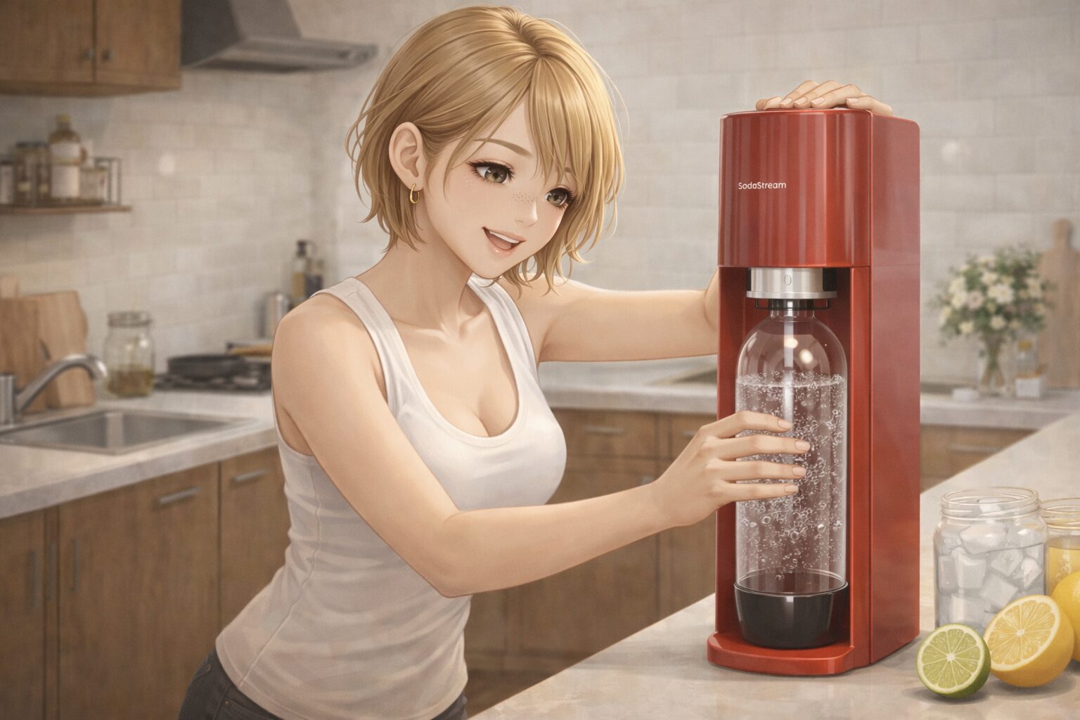 キッチンでソーダメーカーを使い炭酸水を楽しそうに作る女性の生活シーン