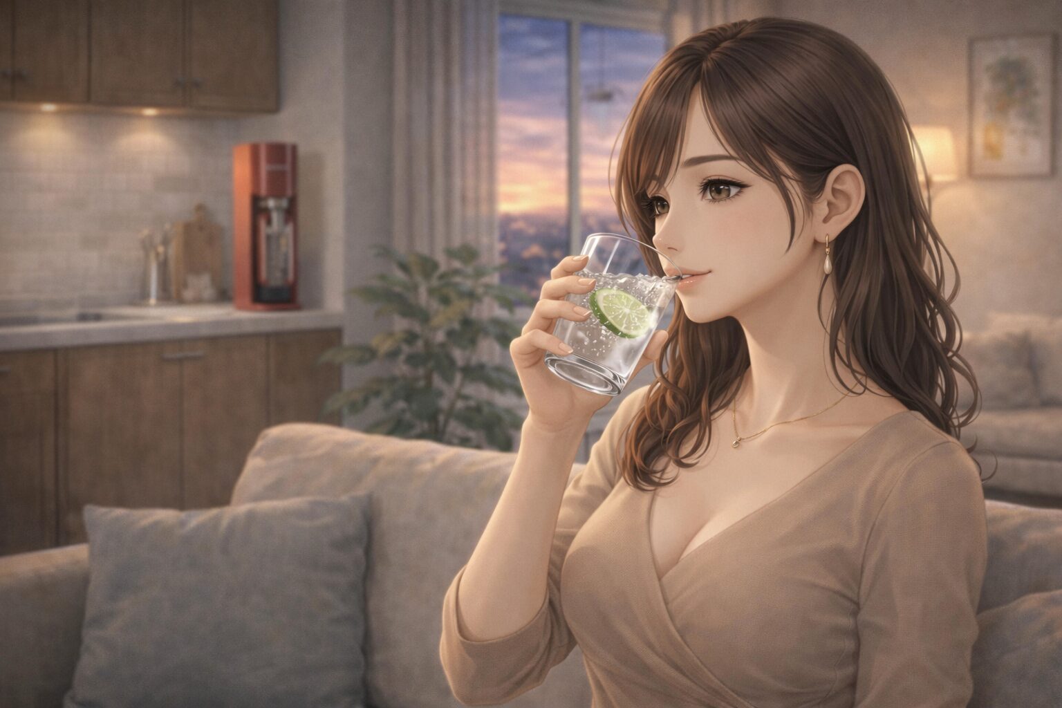ソーダメーカーのある暮らしでリビングで炭酸水を飲みながらくつろぐ女性のイメージ