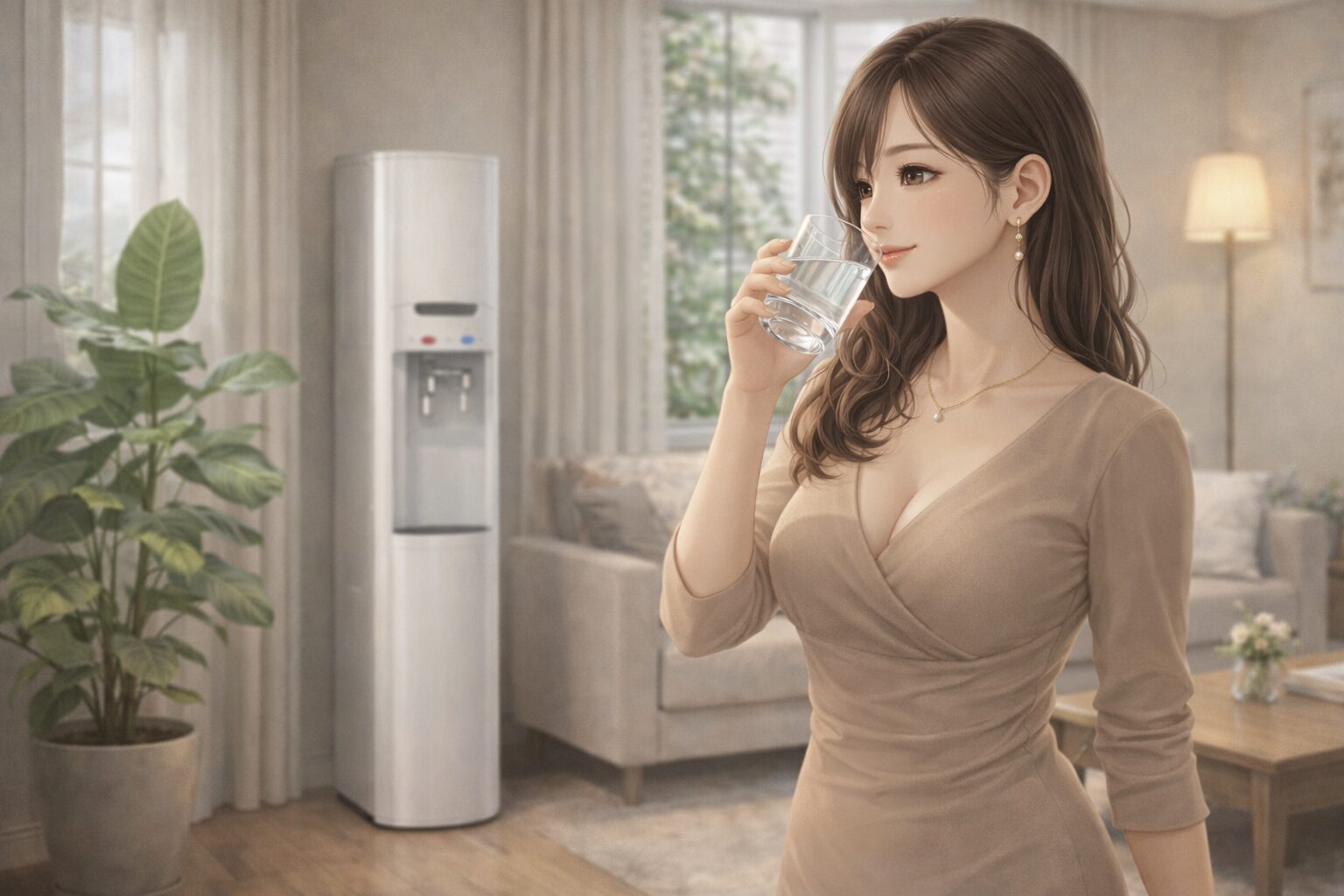 ウォーターサーバーのある暮らしで快適にリビングで水を飲む女性のイメージ