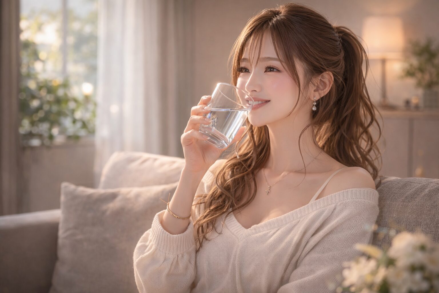 自宅でグラスの水を飲んでリラックスしている女性のライフスタイルイメージ