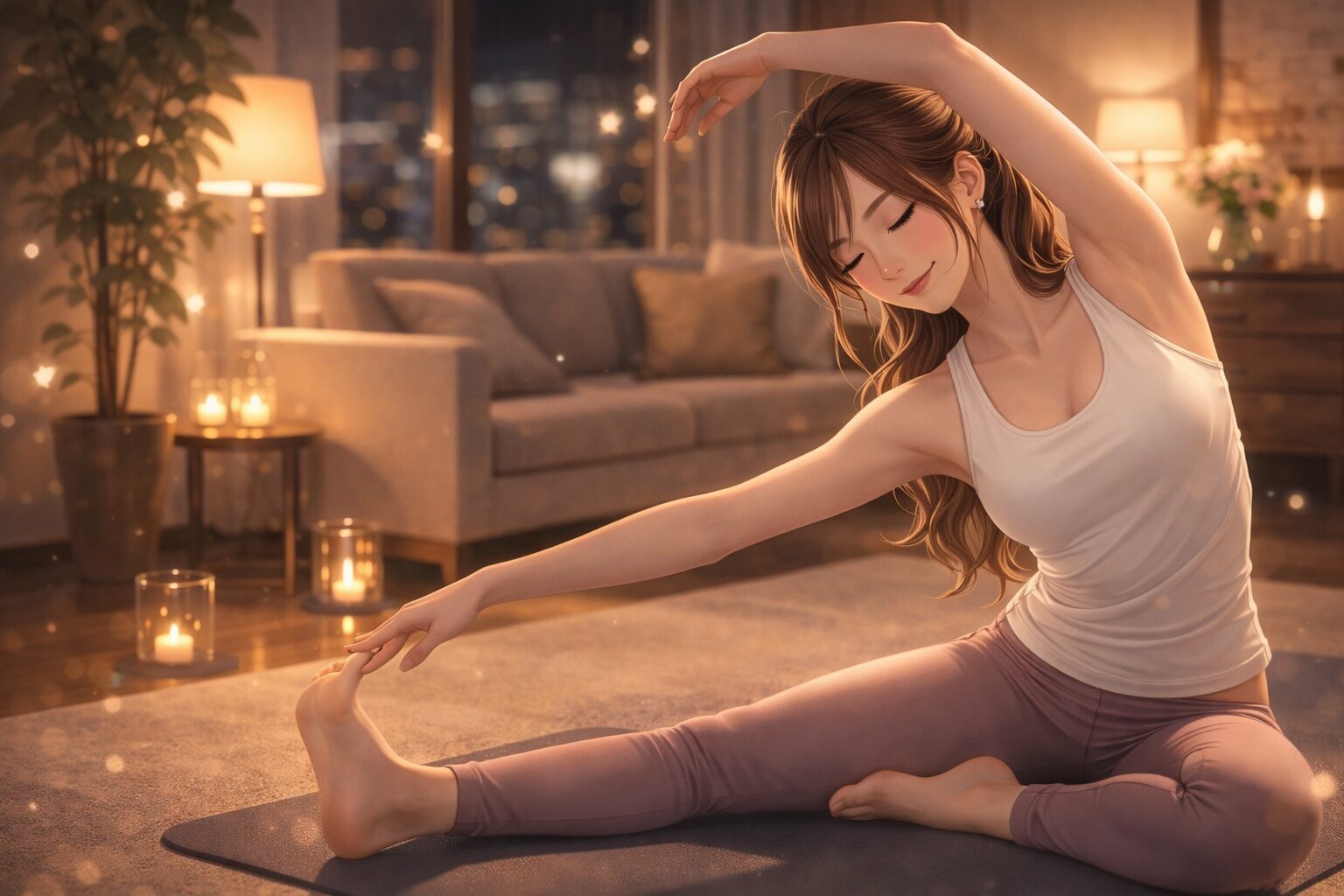 朝のリビングでストレッチする女性の整った生活習慣