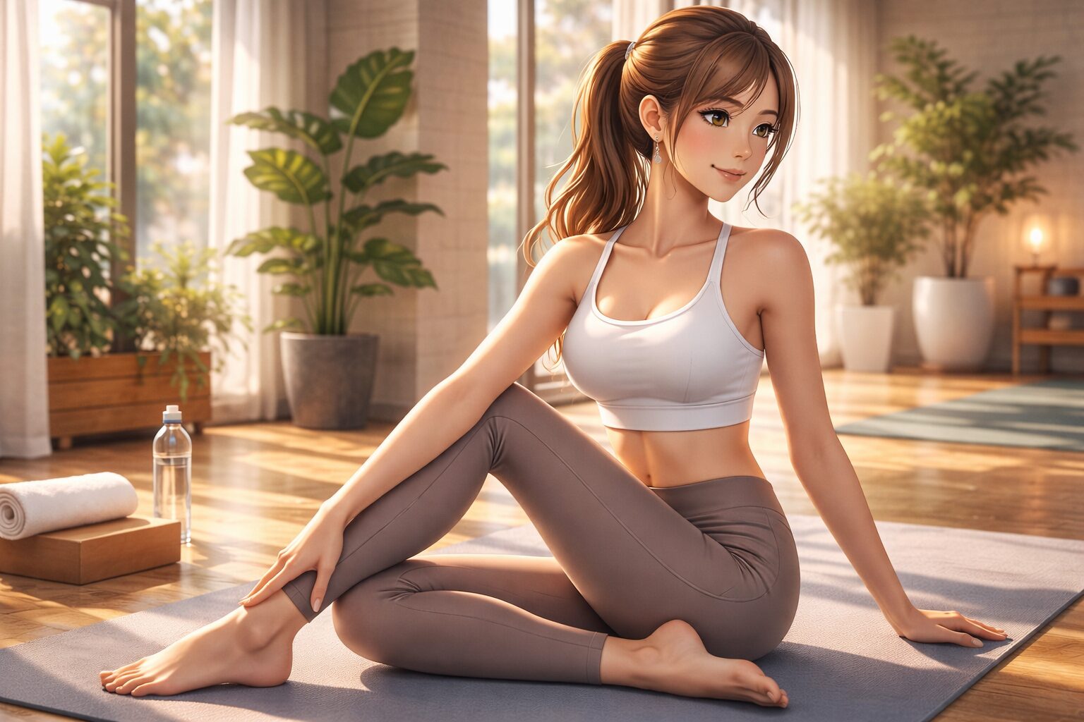 ヨガスタジオで体を整える女性の健康的な美しい体型