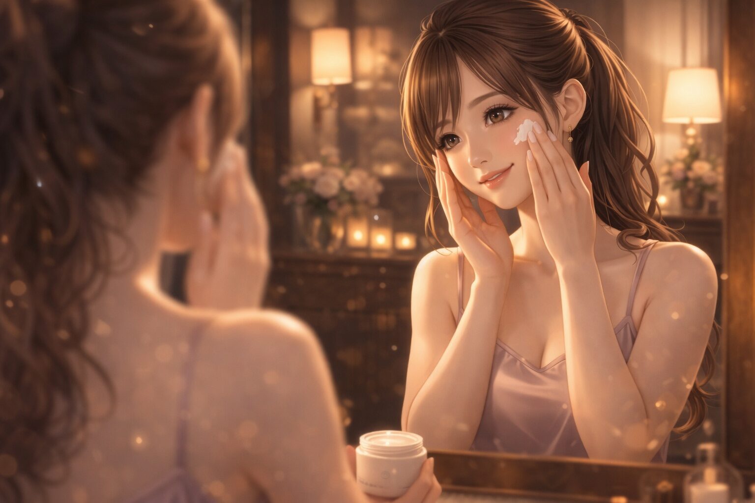 夜のスキンケアで保湿する女性のツヤ肌と美容習慣