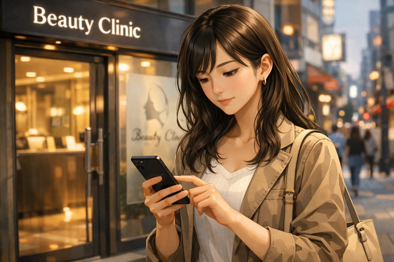 美容クリニック前でスマホ検索する女性の慎重な判断