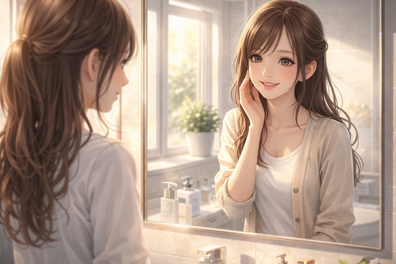 朝の洗面所で鏡を見る垢抜けた女性のナチュラルな変化