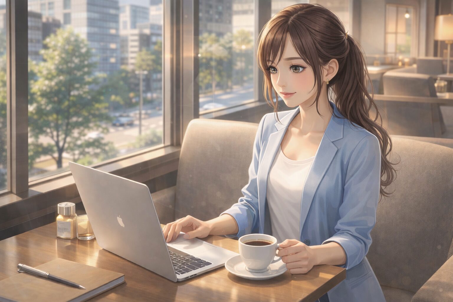 カフェで作業する女性の清潔感と姿勢が印象を変える様子