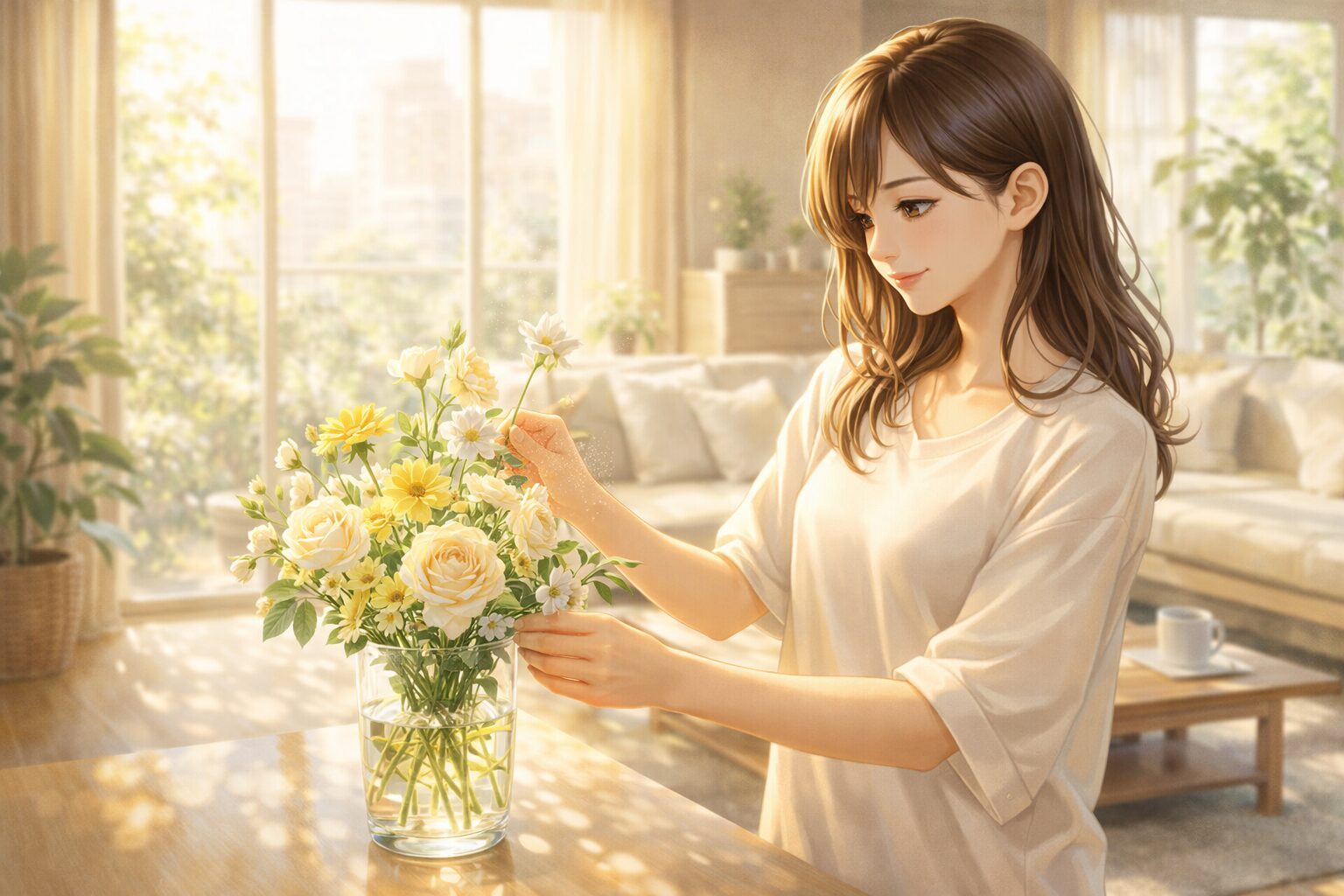 朝のリビングで花を飾る女性の自然体で美しい暮らし