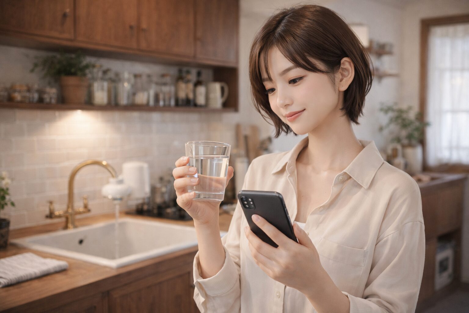 キッチンで浄水器を確認しながら選び方に迷う女性のイメージ