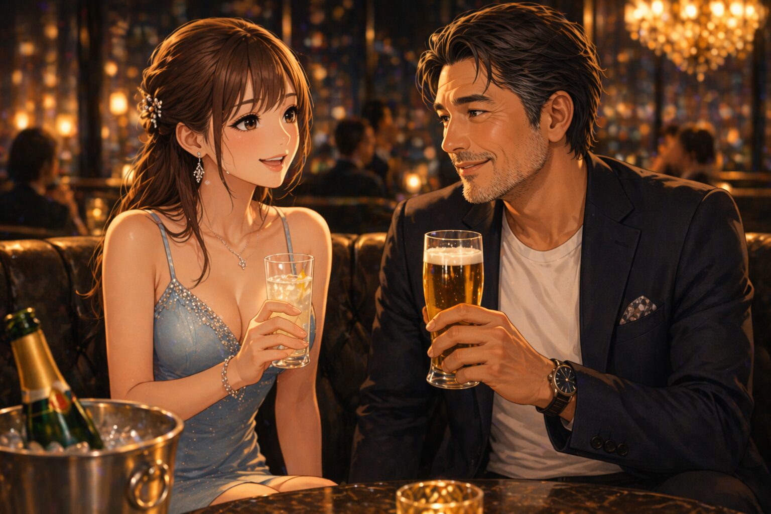 新人キャバ嬢が自信を持って40代男性に接客し、レモンサワーとビールで自然に距離を縮めているシーン