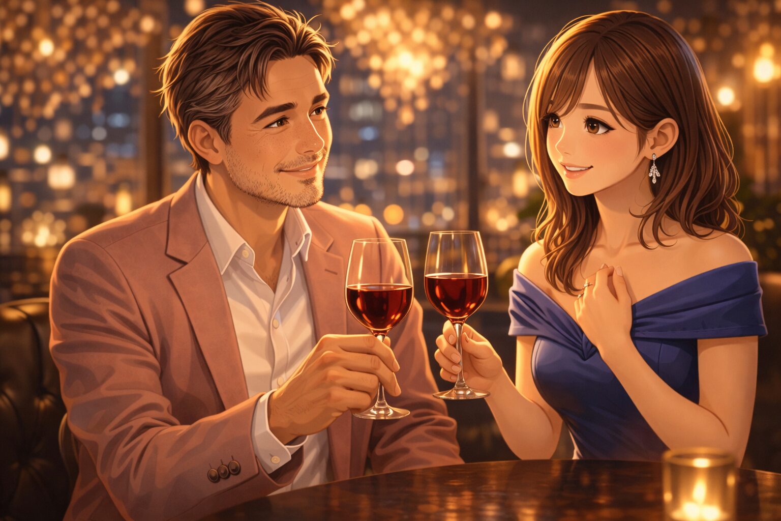 暖かい照明の店内で、ブルーのドレスを着た大人の女性キャストが、薄いピンクジャケットの男性客と赤ワインを飲みながら、落ち着いた笑顔で向き合っているシーン