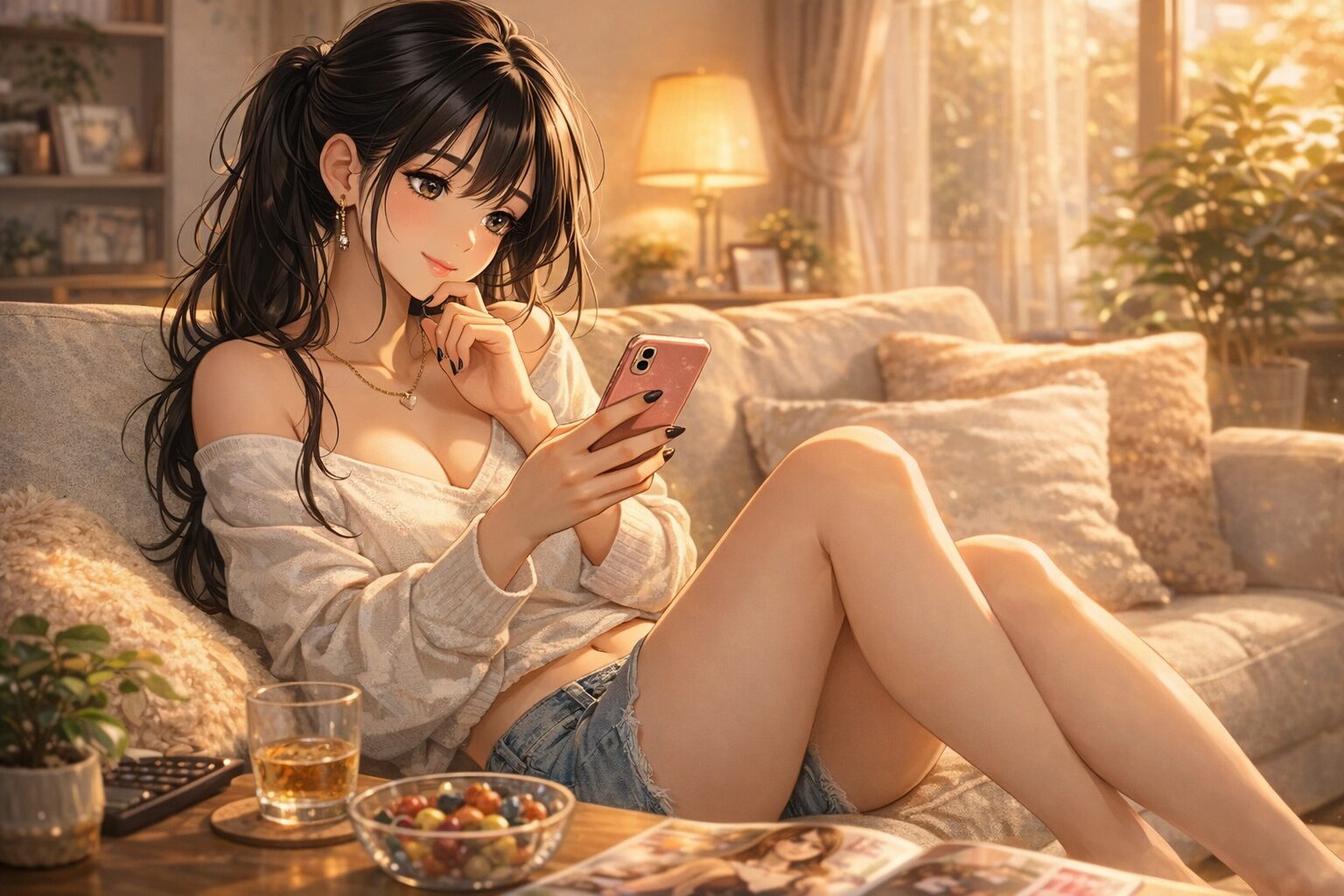 やわらかい光の差し込む部屋で、女性がスマホを見ながらボトル営業のLINEを考えているイメージ