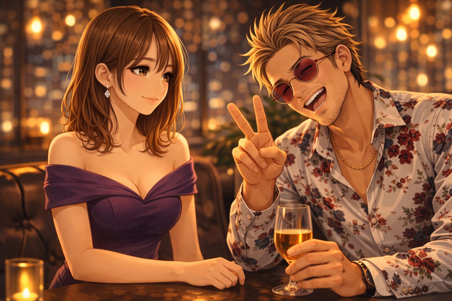 クセのある男性客に対しても、女性キャストが落ち着いた表情で受け流しながら接客している、感情に振り回されない雰囲気のシーン