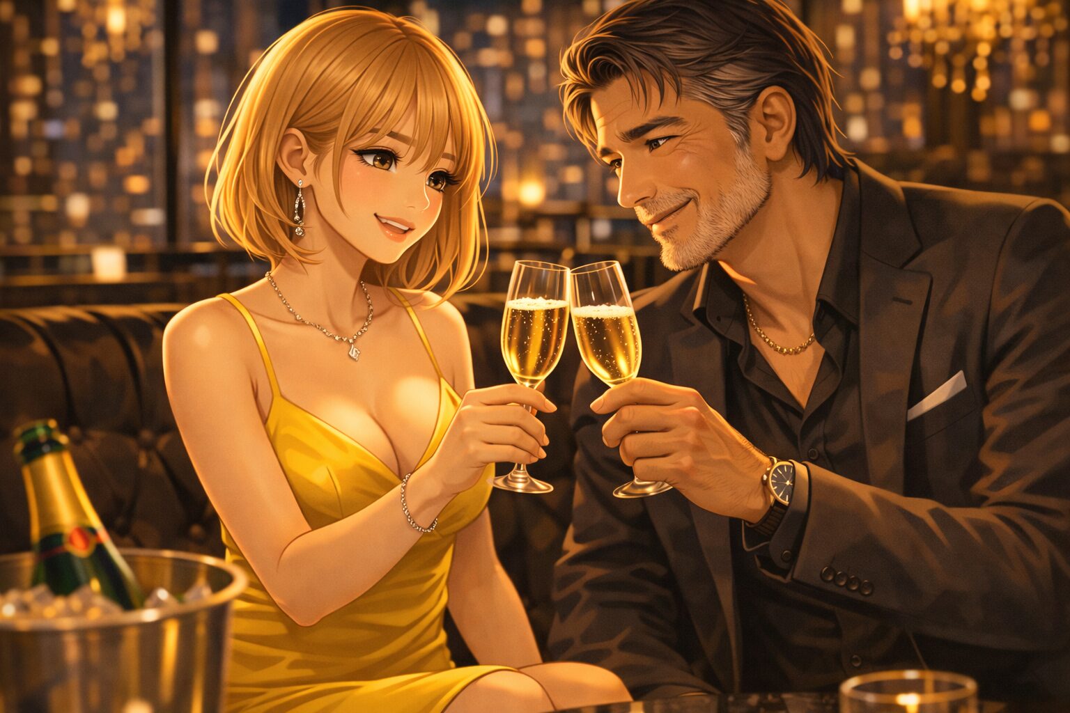 黄色ドレスの女性キャストが男性客とシャンパンを楽しみながら、無理に詰め込まない自然な距離感で接客している落ち着いたラウンジのシーン