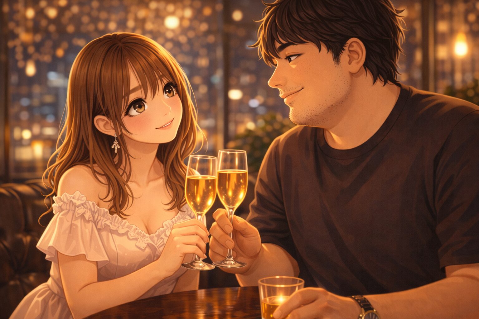シャンパンを持った若い女性キャストが、黒のTシャツ姿の男性客をあざとく見つめながら、理屈ではなく空気で惹かれ合っているような接客シーン