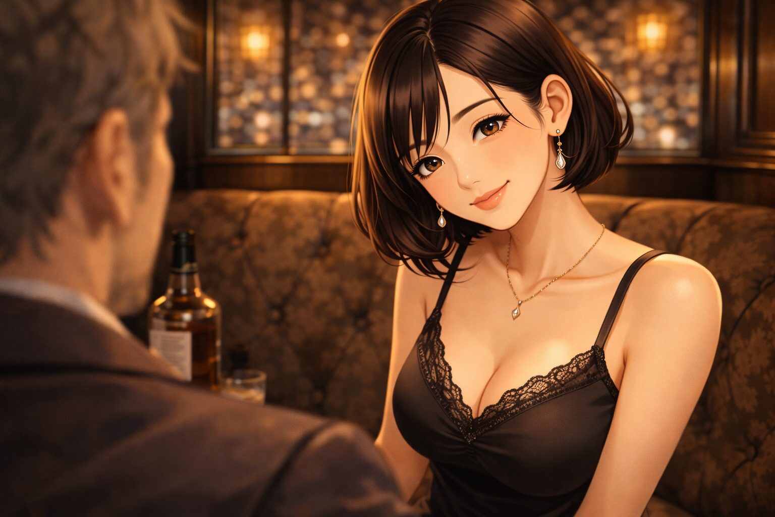 黒のキャミソールドレスを着た上品な女性キャストが、隣の男性客に自然に寄り添いながら、やわらかい笑顔で接客しているシーン