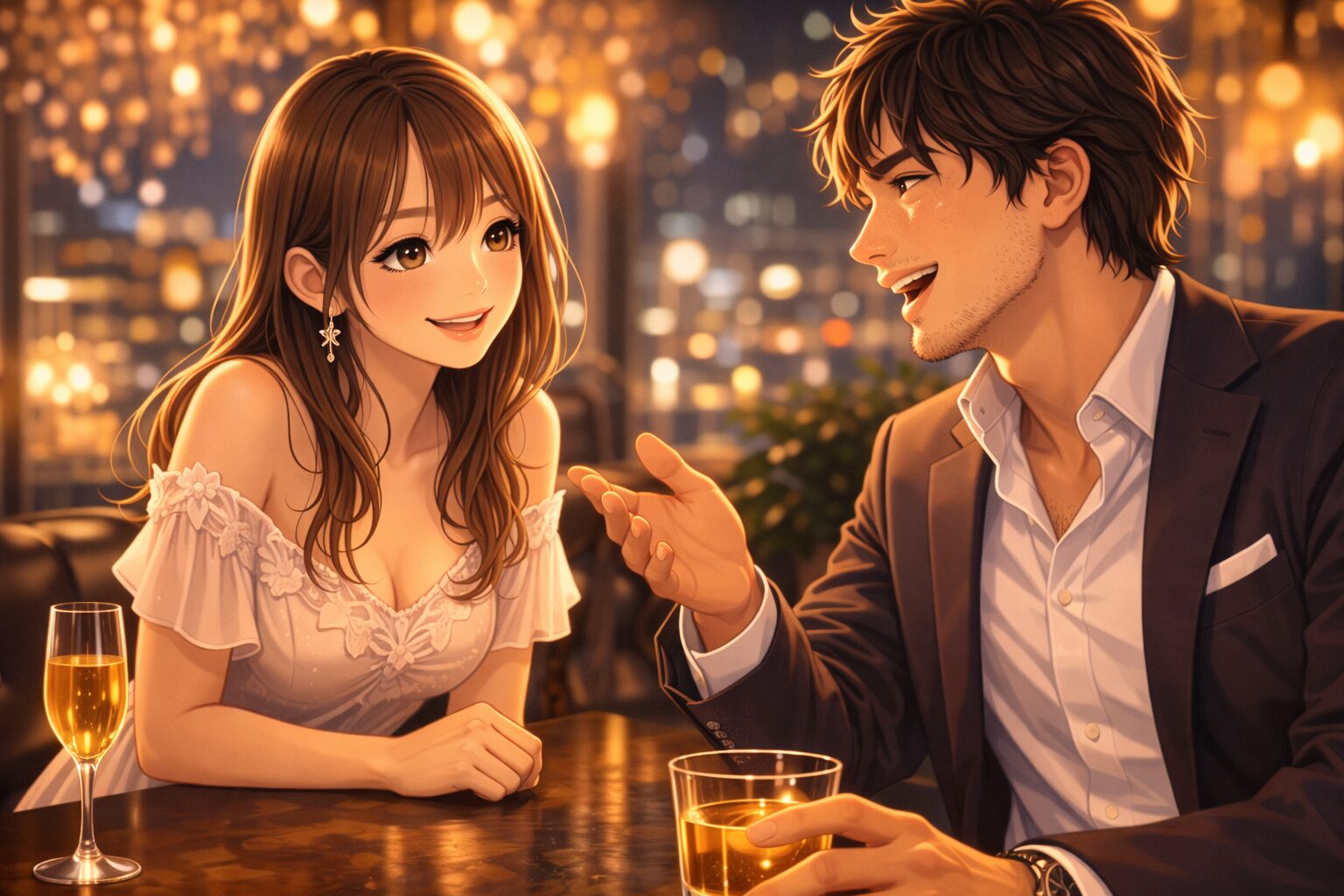 高級感のあるラウンジで、若い女性キャストが笑顔で身を乗り出しながら、楽しそうに話す男性客の話を丁寧に聞いているシーン