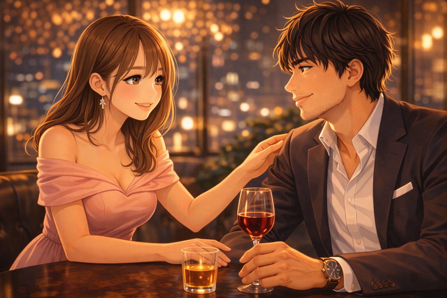 上品なバーの席で、ピンクドレスの女性キャストが男性客の肩にさりげなく手を添えながら、自然な距離感で会話し、お願いが通りそうな空気が流れているシーン
