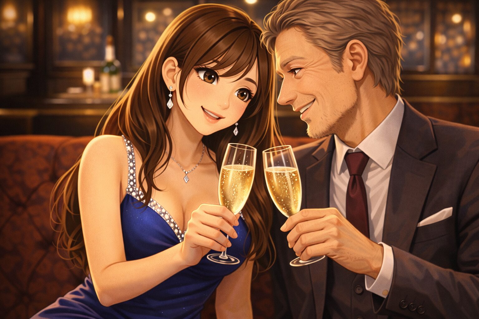 上品なブルーのドレスを着たスタイル抜群のキャバ嬢が、紳士的な男性と距離近くシャンパンを飲みながら見つめ合っているシーン