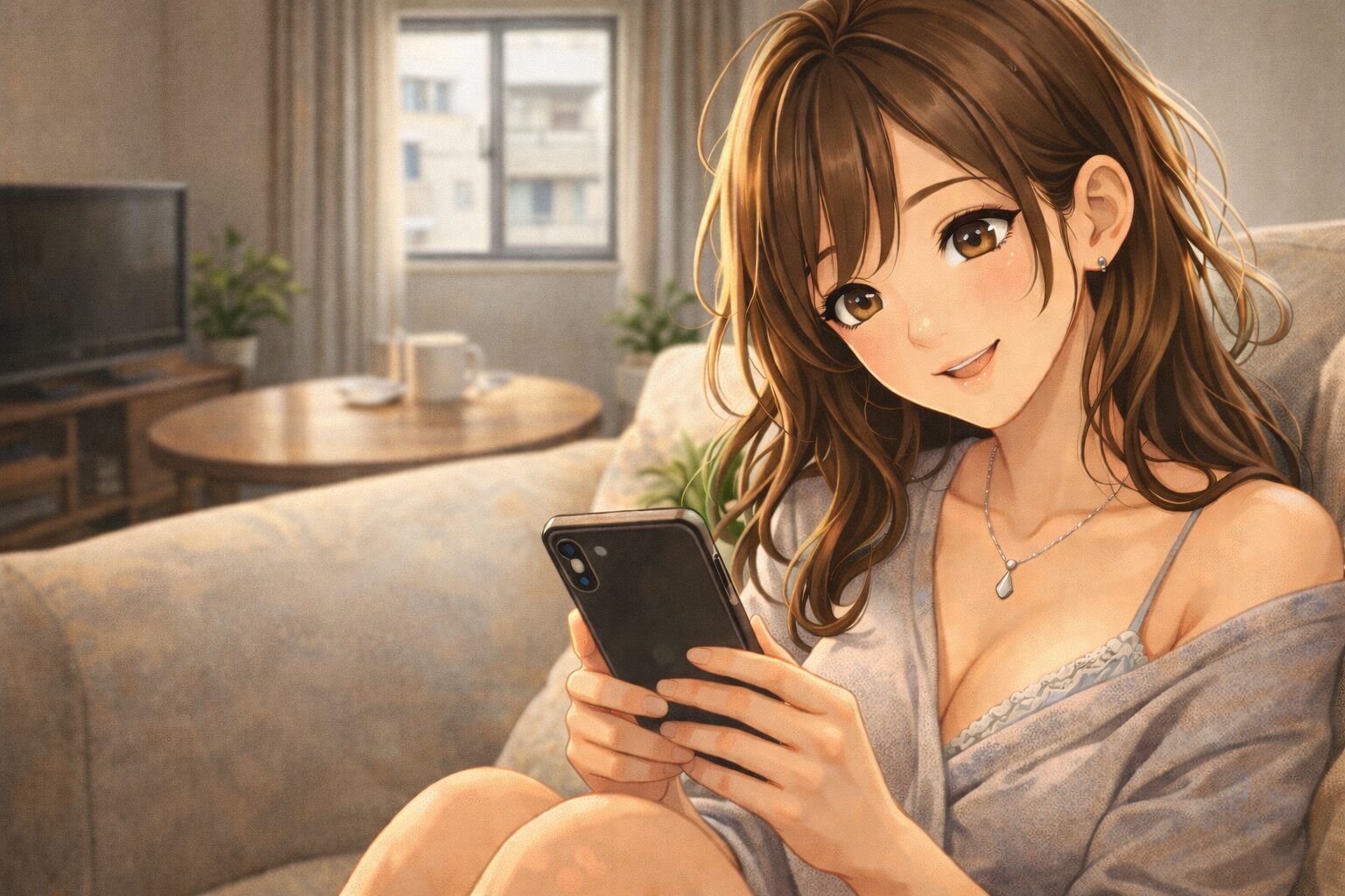 昼のワンルームで、茶髪の女性が部屋着姿でスマホを見ながら自然な表情でLINEを送っているシーン
