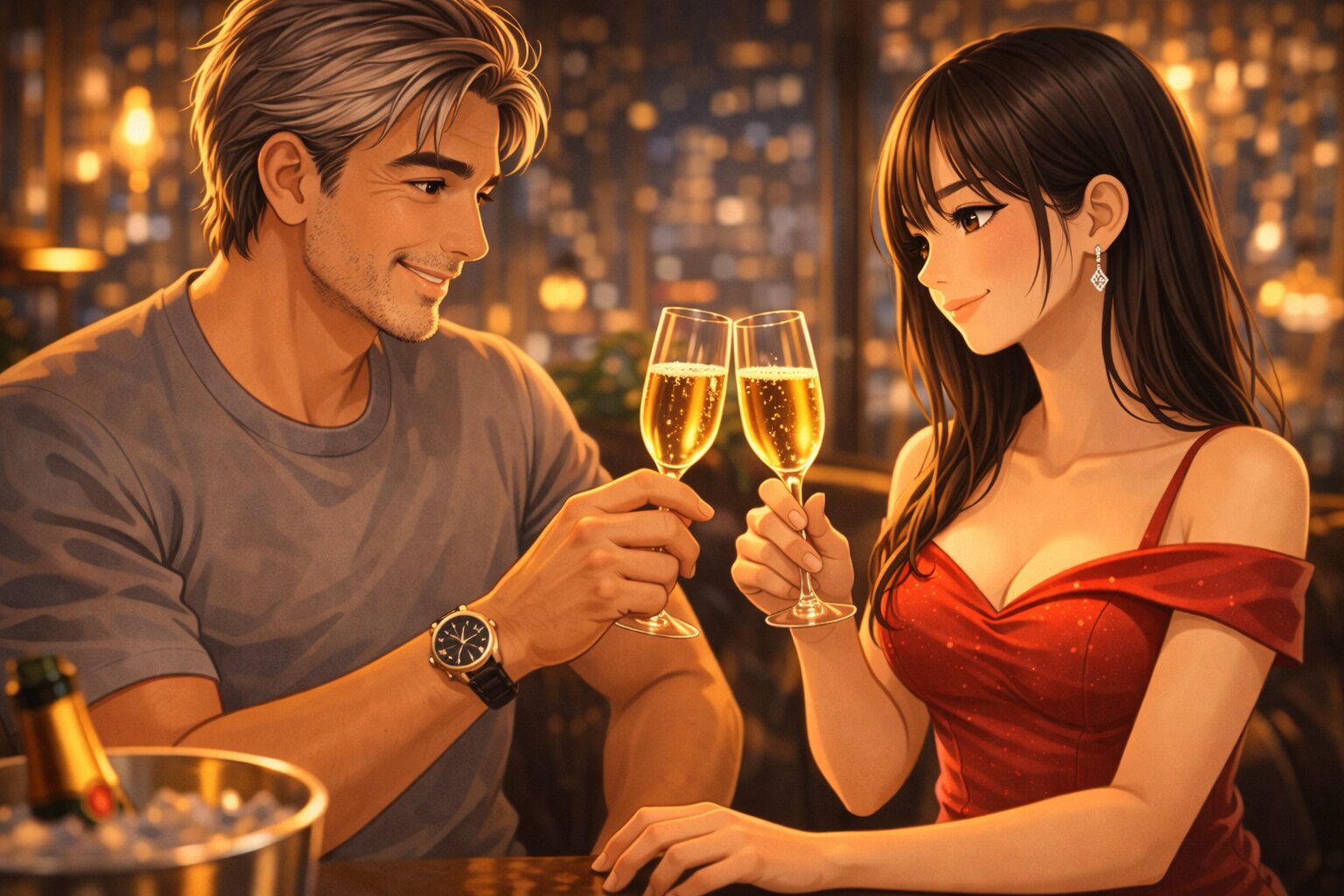 赤いドレスの黒髪ストレートの女性キャストが、50歳の落ち着いた男性客とシャンパンで乾杯しながら見つめ合う、大人の雰囲気の接客シーン