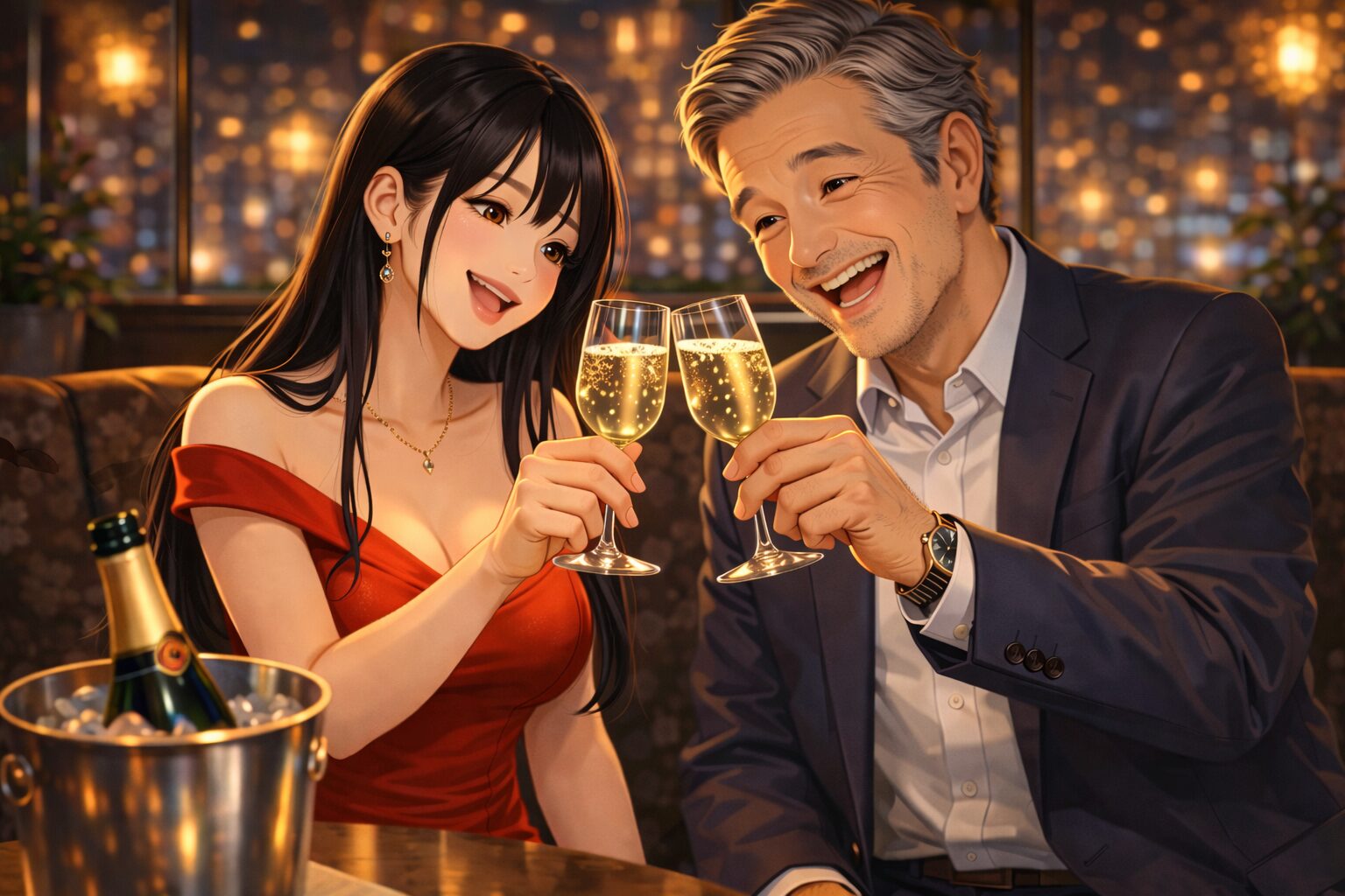 赤いドレスのキャバ嬢が紳士的な男性客と笑顔でシャンパンを乾杯し、自然な距離感で楽しく盛り上がっているシーン