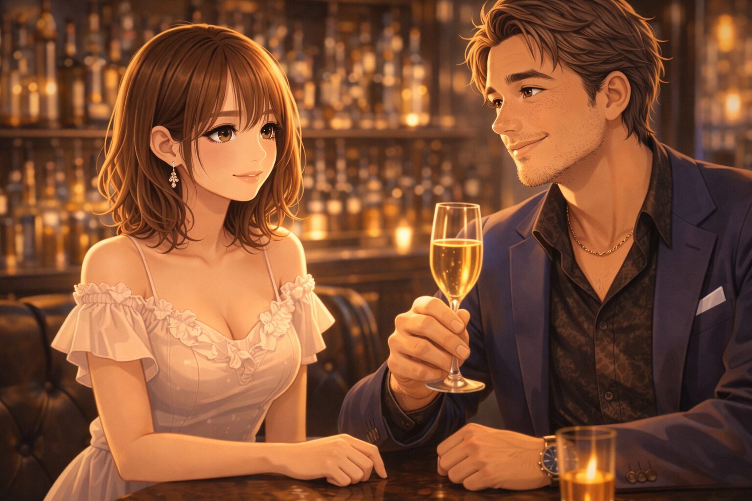 シャンパンを持った若い女性キャストが、黒のTシャツ姿の男性客をあざとく見つめながら、理屈ではなく空気で惹かれ合っているような接客シーン