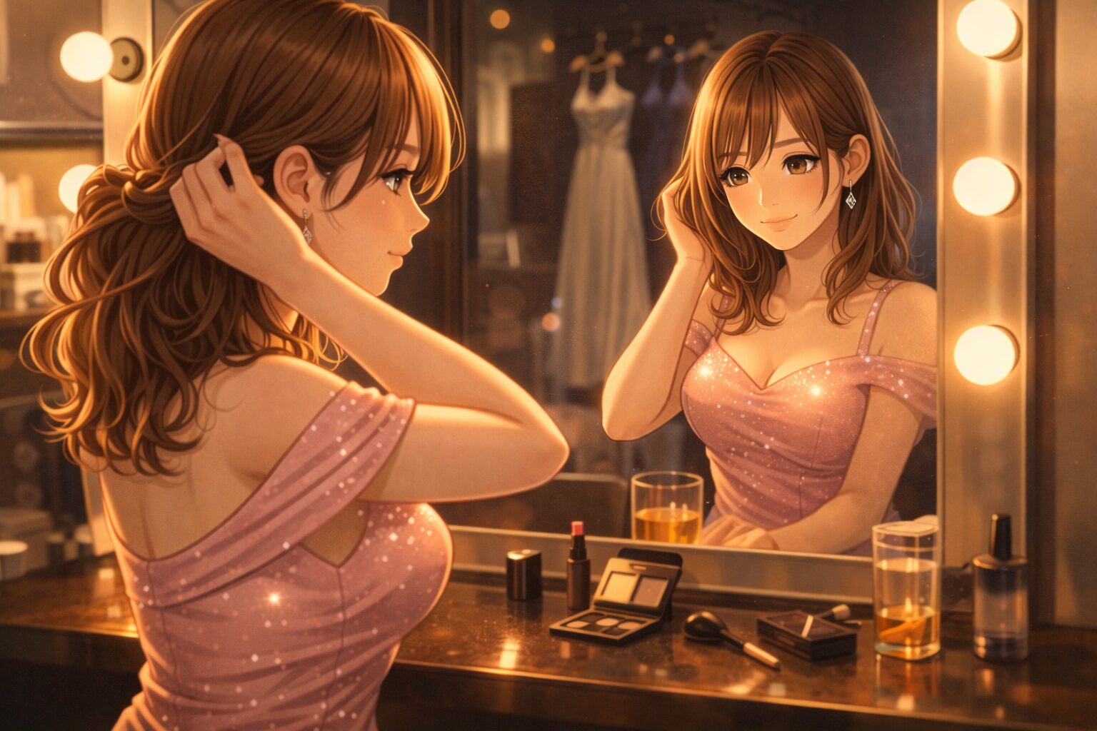 鏡の前でドレス姿の女性キャストが髪や身だしなみを整えながら、静かに出勤前の準備をしている積み上げの努力が伝わるシーン