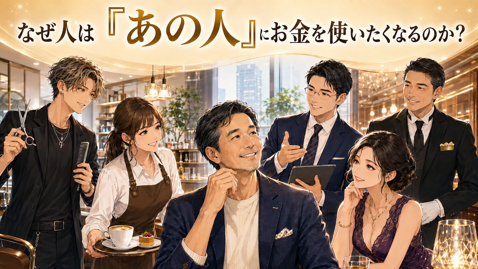 美容師、店員、営業職、黒服、キャバ嬢など、さまざまな仕事の場面を通して、人がお金を使いたくなる人の共通点を表現した画像。