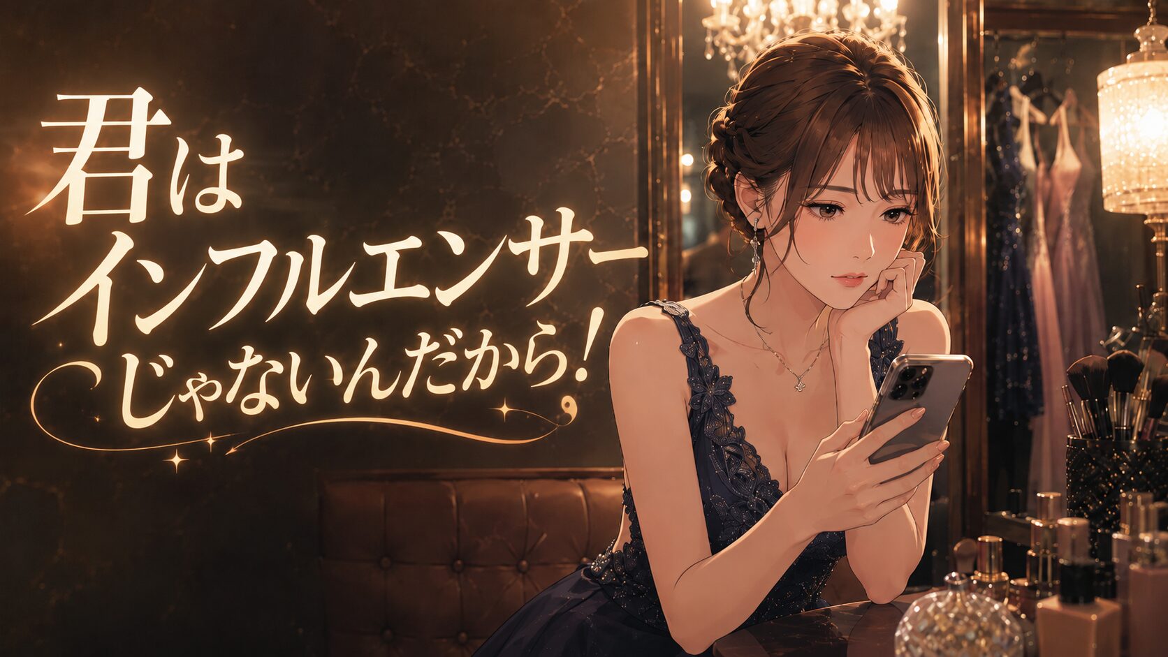 キャバ嬢のSNS発信と接客の違いを解説するイメージ画像。スマホを見る女性と「君はインフルエンサーじゃないんだから！」のタイトル。