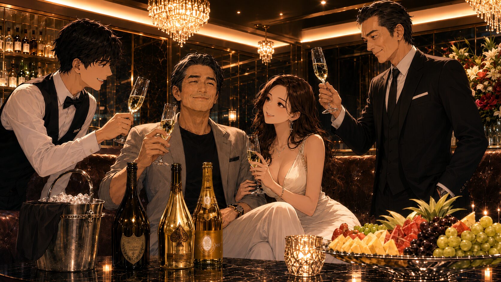 キャバクラでシャンパンを開けるお客様とキャスト、黒服。お客様本人はあまり飲まず、場の空気や特別な時間を楽しんでいる様子。
