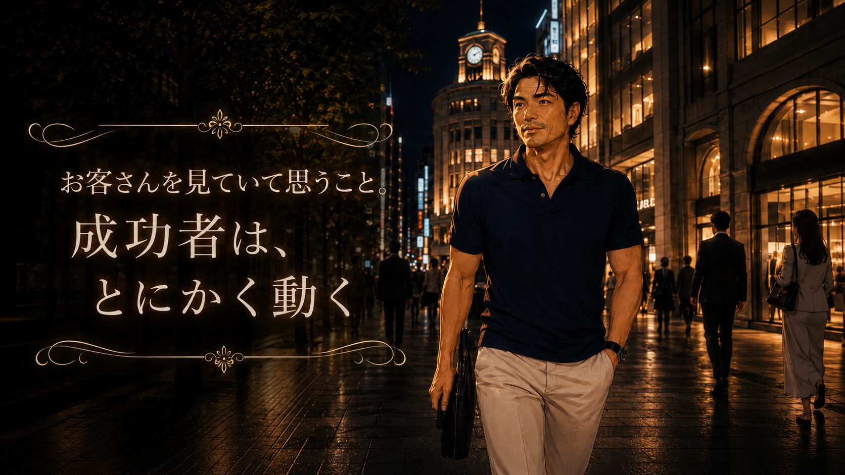 夜の銀座を歩く成功者風の男性と高級感ある街並み。「お客さんを見ていて思うこと。成功者は、とにかく動く」と書かれた記事アイキャッチ画像。