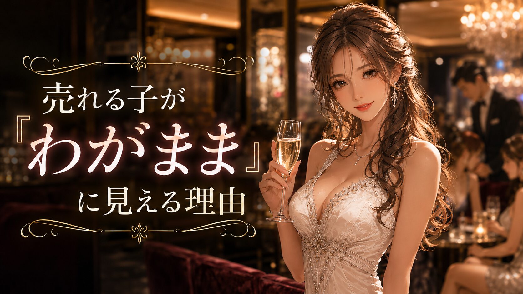 白いドレスを着たキャバ嬢がシャンパングラスを持ち、「売れる子がわがままに見える理由」というタイトルが入ったアイキャッチ画像。